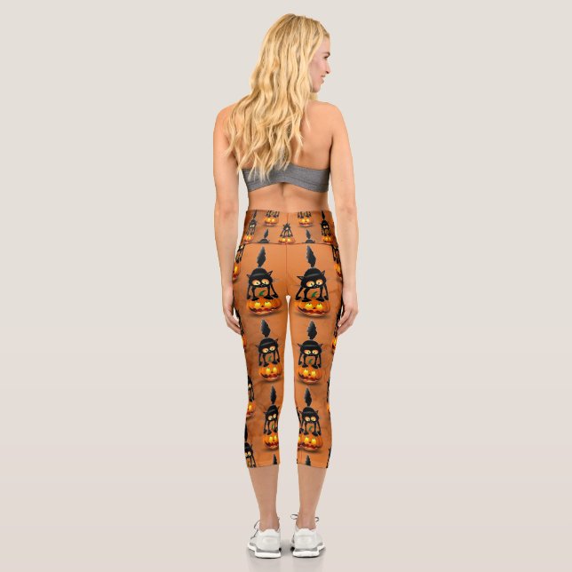 Cat Halloween Scared Cartoon on Pumpkin Capri Leggings (Back)