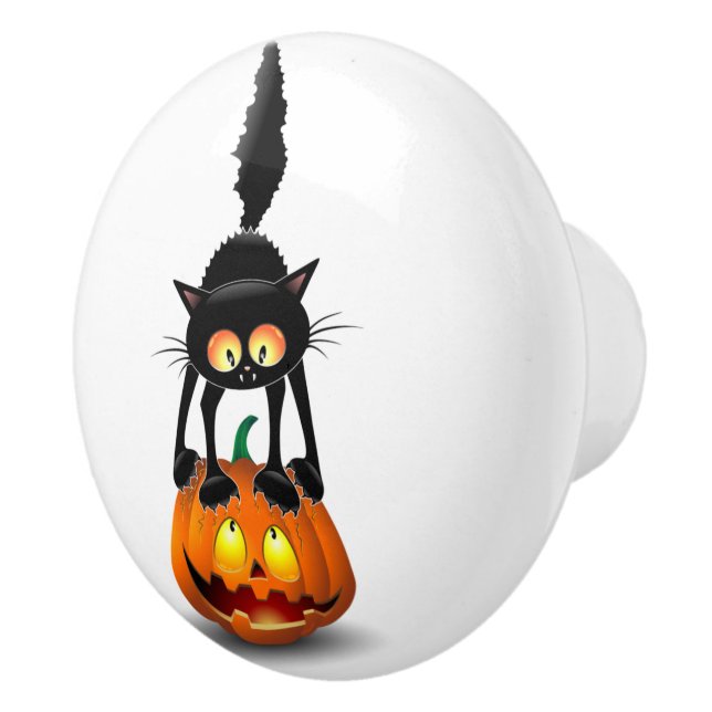 Cat Halloween Scared Cartoon on Pumpkin Ceramic Knob (Right)