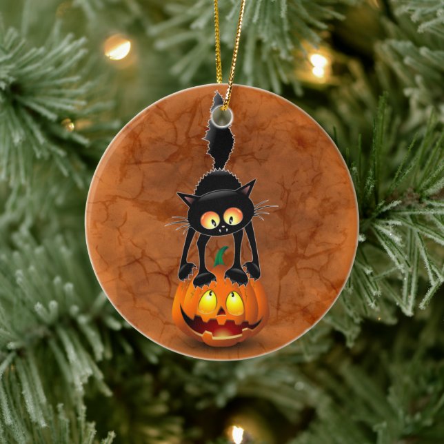 Cat Halloween Scared Cartoon on Pumpkin Ceramic Tree Decoration (Tree)