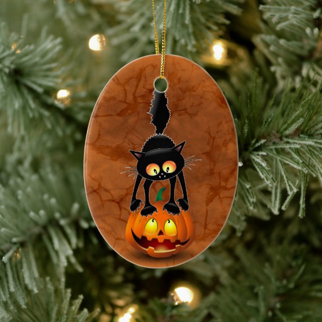 Cat Halloween Scared Cartoon on Pumpkin Ceramic Tree Decoration (Tree)