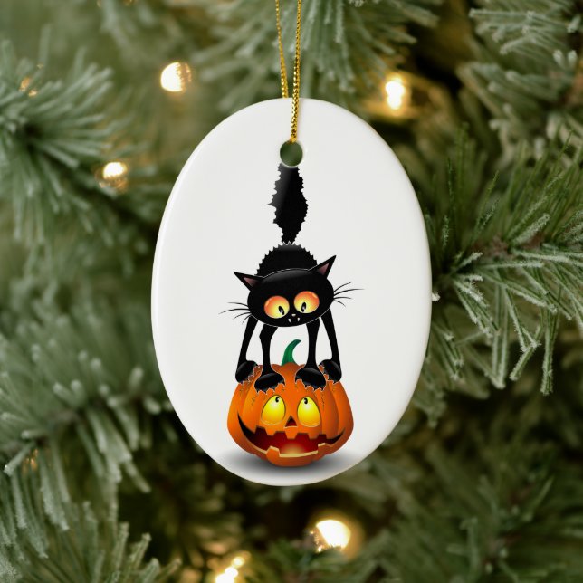 Cat Halloween Scared Cartoon on Pumpkin Ceramic Tree Decoration (Tree)