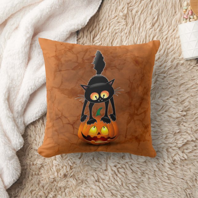 Cat Halloween Scared Cartoon on Pumpkin Cushion (Blanket)