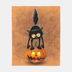 Cat Halloween Scared Cartoon on Pumpkin Fleece Blanket