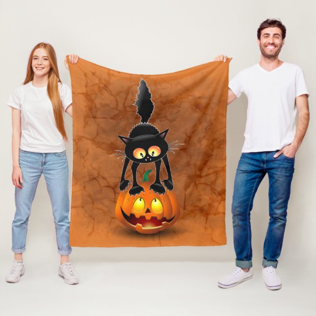 Cat Halloween Scared Cartoon on Pumpkin Fleece Blanket (In Situ)