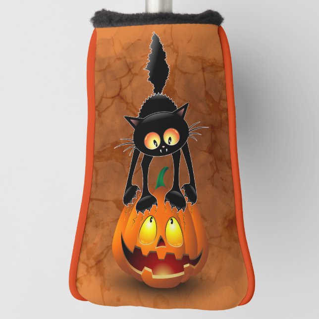 Cat Halloween Scared Cartoon on Pumpkin Golf Head Cover (Rotate 90)