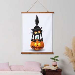 Cat Halloween Scared Cartoon on Pumpkin Hanging Tapestry