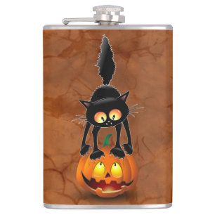 Cat Halloween Scared Cartoon on Pumpkin Hip Flask
