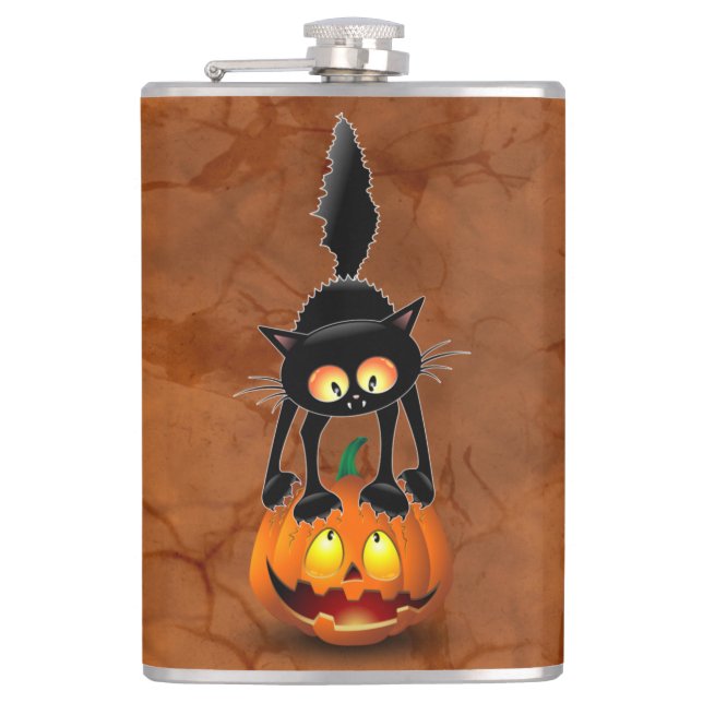 Cat Halloween Scared Cartoon on Pumpkin Hip Flask (Front)