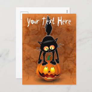 Cat Halloween Scared Cartoon on Pumpkin Holiday Postcard