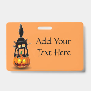 Cat Halloween Scared Cartoon on Pumpkin ID Badge