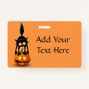 Cat Halloween Scared Cartoon on Pumpkin ID Badge