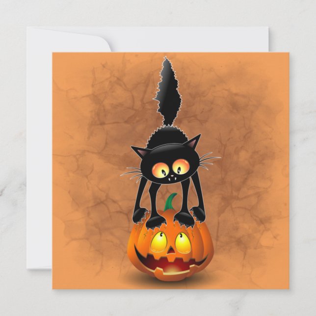 Cat Halloween Scared Cartoon on Pumpkin Invitation (Front)