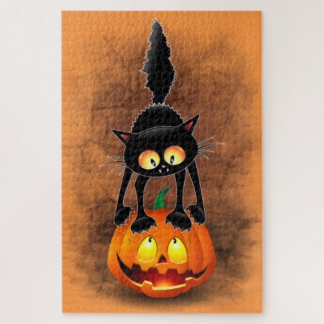 Cat Halloween Scared Cartoon on Pumpkin Jigsaw Puzzle (Vertical)