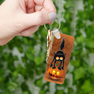 Cat Halloween Scared Cartoon on Pumpkin Key Ring