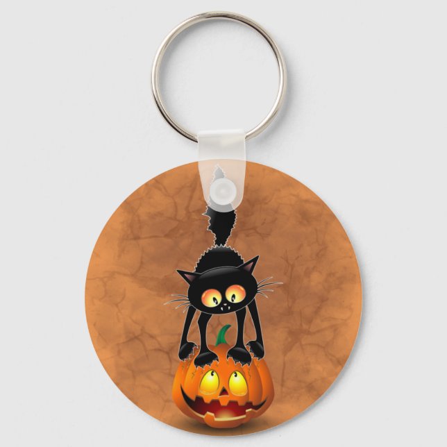 Cat Halloween Scared Cartoon on Pumpkin Key Ring (Front)