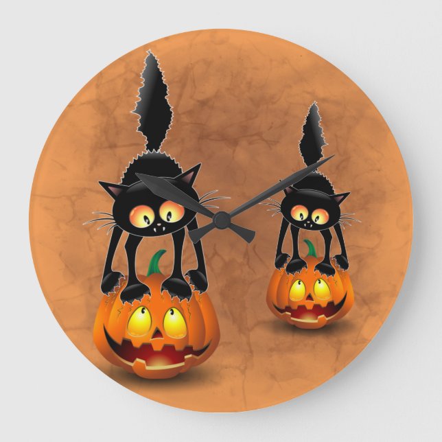 Cat Halloween Scared Cartoon on Pumpkin Large Clock (Front)