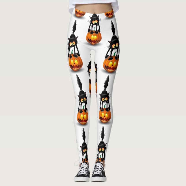 Cat Halloween Scared Cartoon on Pumpkin Leggings (Front)