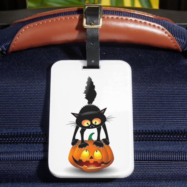 Cat Halloween Scared Cartoon on Pumpkin Luggage Tag (Front Insitu 2)