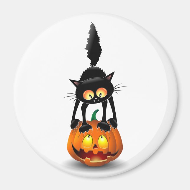 Cat Halloween Scared Cartoon on Pumpkin Magnet (Front)