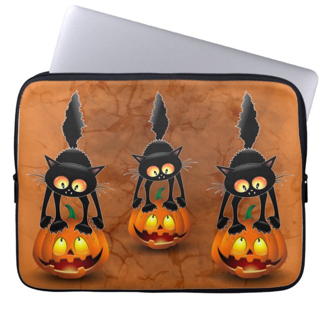 Cat Halloween Scared Cartoon on Pumpkin Mini Baske Laptop Sleeve (Front)