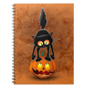Cat Halloween Scared Cartoon on Pumpkin Notebook