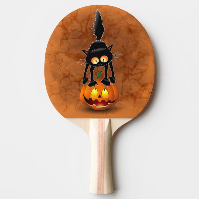 Cat Halloween Scared Cartoon on Pumpkin Ping Pong Paddle (Front)