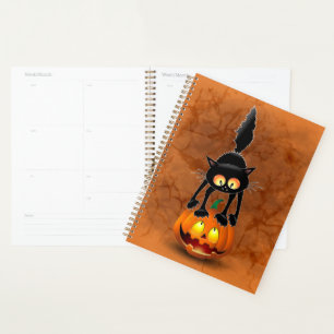 Cat Halloween Scared Cartoon on Pumpkin Planner