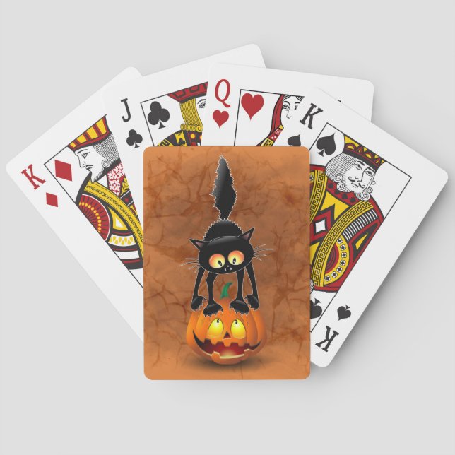 Cat Halloween Scared Cartoon on Pumpkin Playing Cards (Back)