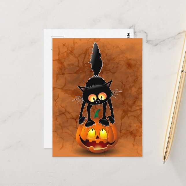 Cat Halloween Scared Cartoon on Pumpkin Postcard (Front/Back In Situ)