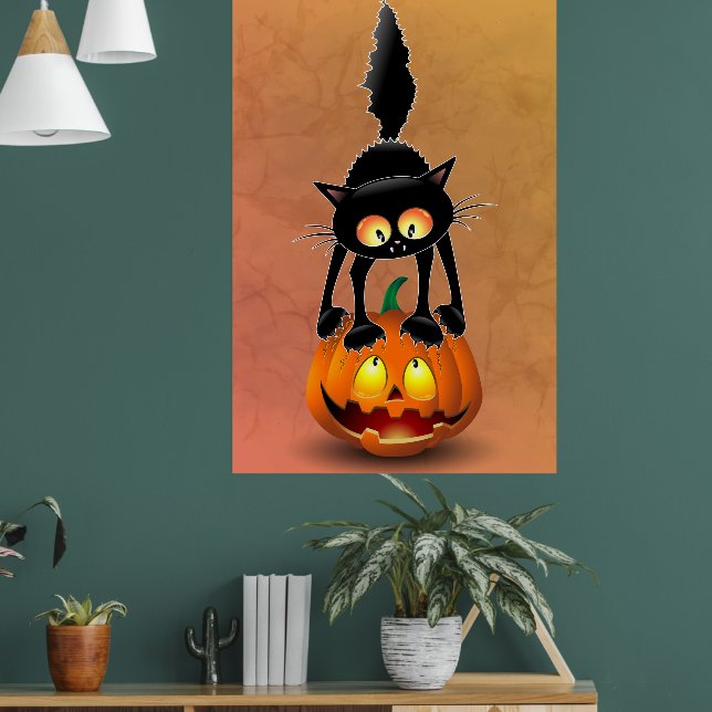Cat Halloween Scared Cartoon on Pumpkin Poster (Living Room 1)