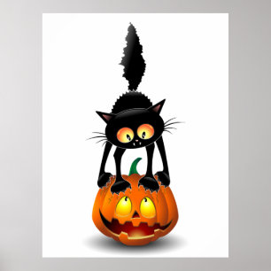 Cat Halloween Scared Cartoon on Pumpkin Poster