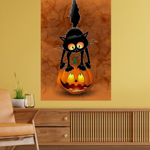 Cat Halloween Scared Cartoon on Pumpkin Poster