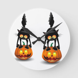 Cat Halloween Scared Cartoon on Pumpkin Round Clock