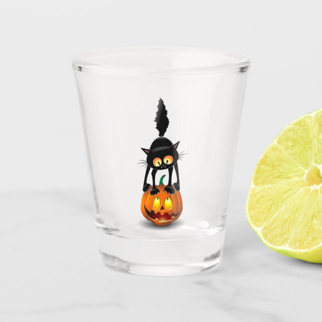 Cat Halloween Scared Cartoon on Pumpkin Shot Glass (Front)