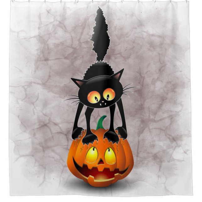 Cat Halloween Scared Cartoon on Pumpkin Shower Curtain (Front)