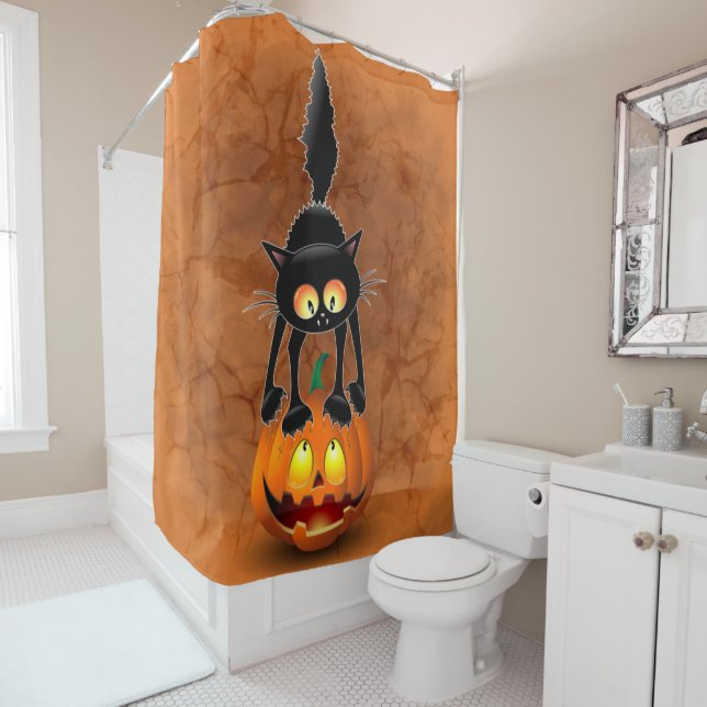 Cat Halloween Scared Cartoon on Pumpkin Shower Curtain (In Situ)