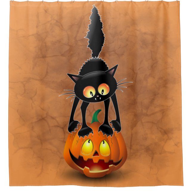 Cat Halloween Scared Cartoon on Pumpkin Shower Curtain (Front)