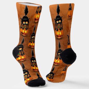 Cat Halloween Scared Cartoon on Pumpkin Socks