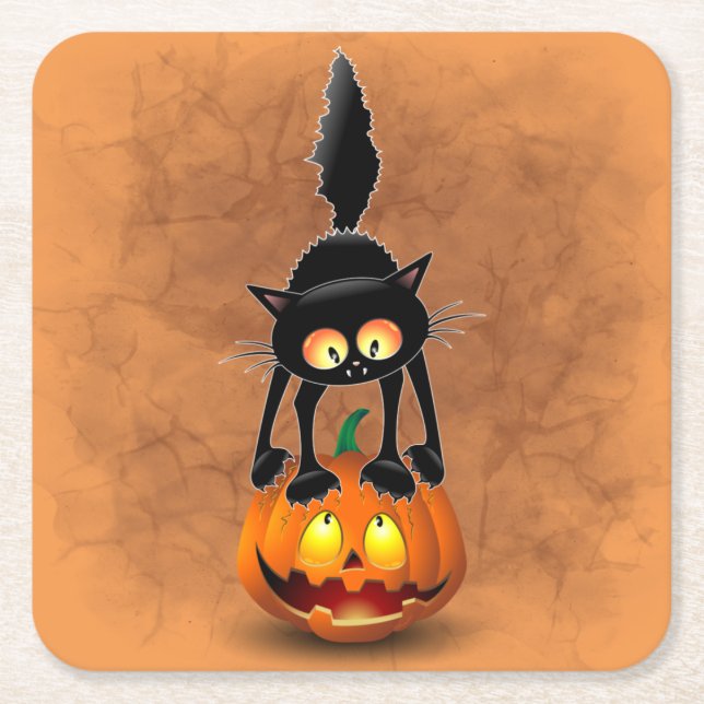 Cat Halloween Scared Cartoon on Pumpkin Square Paper Coaster (Front)