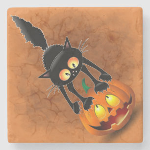 Cat Halloween Scared Cartoon on Pumpkin Stone Coaster