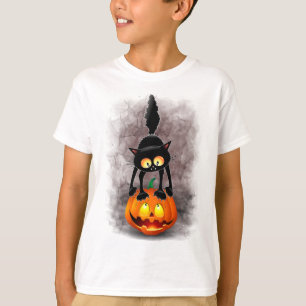 Cat Halloween Scared Cartoon on Pumpkin T-Shirt