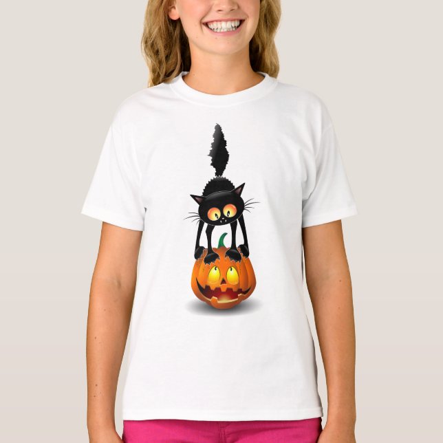 Cat Halloween Scared Cartoon on Pumpkin T-Shirt (Front)