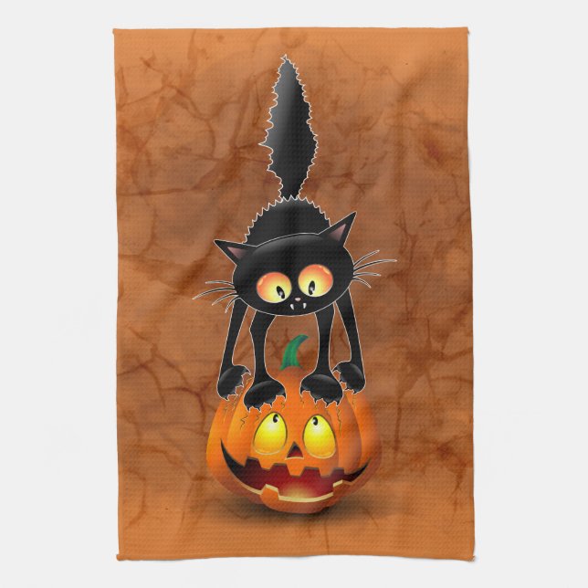 Cat Halloween Scared Cartoon on Pumpkin Tea Towel (Vertical)