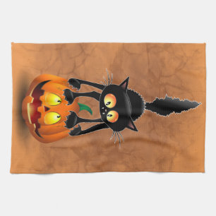 Cat Halloween Scared Cartoon on Pumpkin Tea Towel