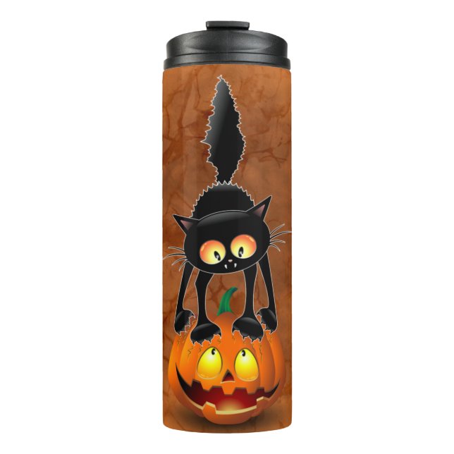 Cat Halloween Scared Cartoon on Pumpkin Thermal Tumbler (Front)