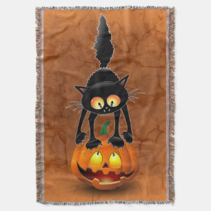 Cat Halloween Scared Cartoon on Pumpkin Throw Blanket
