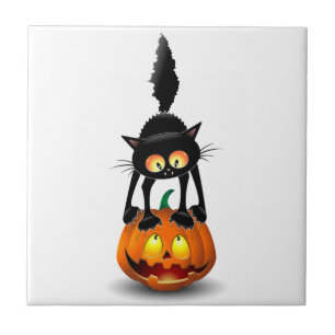 Cat Halloween Scared Cartoon on Pumpkin Tile