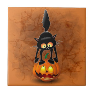 Cat Halloween Scared Cartoon on Pumpkin Tile
