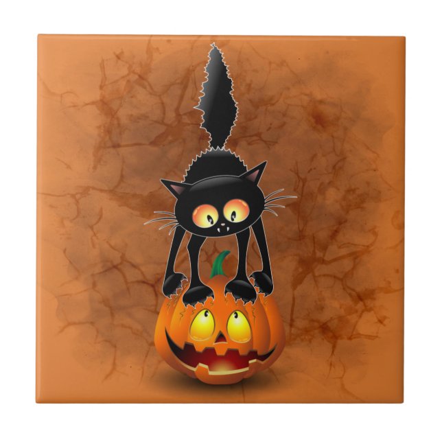 Cat Halloween Scared Cartoon on Pumpkin Tile (Front)