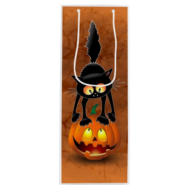 Cat Halloween Scared Cartoon on Pumpkin Wine Gift Bag (Front)